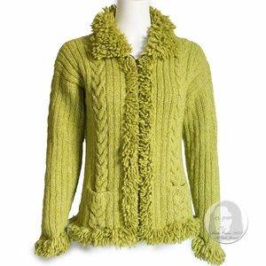 Otavalo Sweater Cardigan Handmade Chunky Knit Fringe Green Cotton Wool Blend